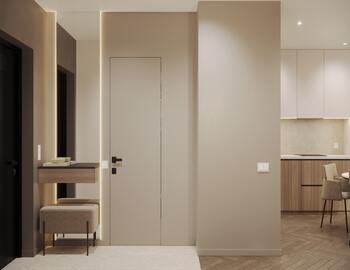 Фото кухні-вітальні двокімнатної квартири 70 м² у Києві