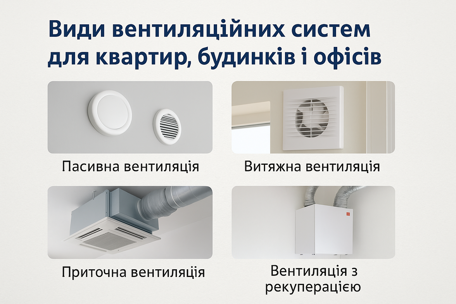 Види вентиляційних систем — припливна, витяжна, канальна, рекупераційна
